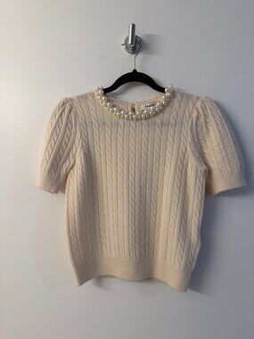 Sandro Pearl Embellished Cable Knit Short Sleeve Sweater Cream S